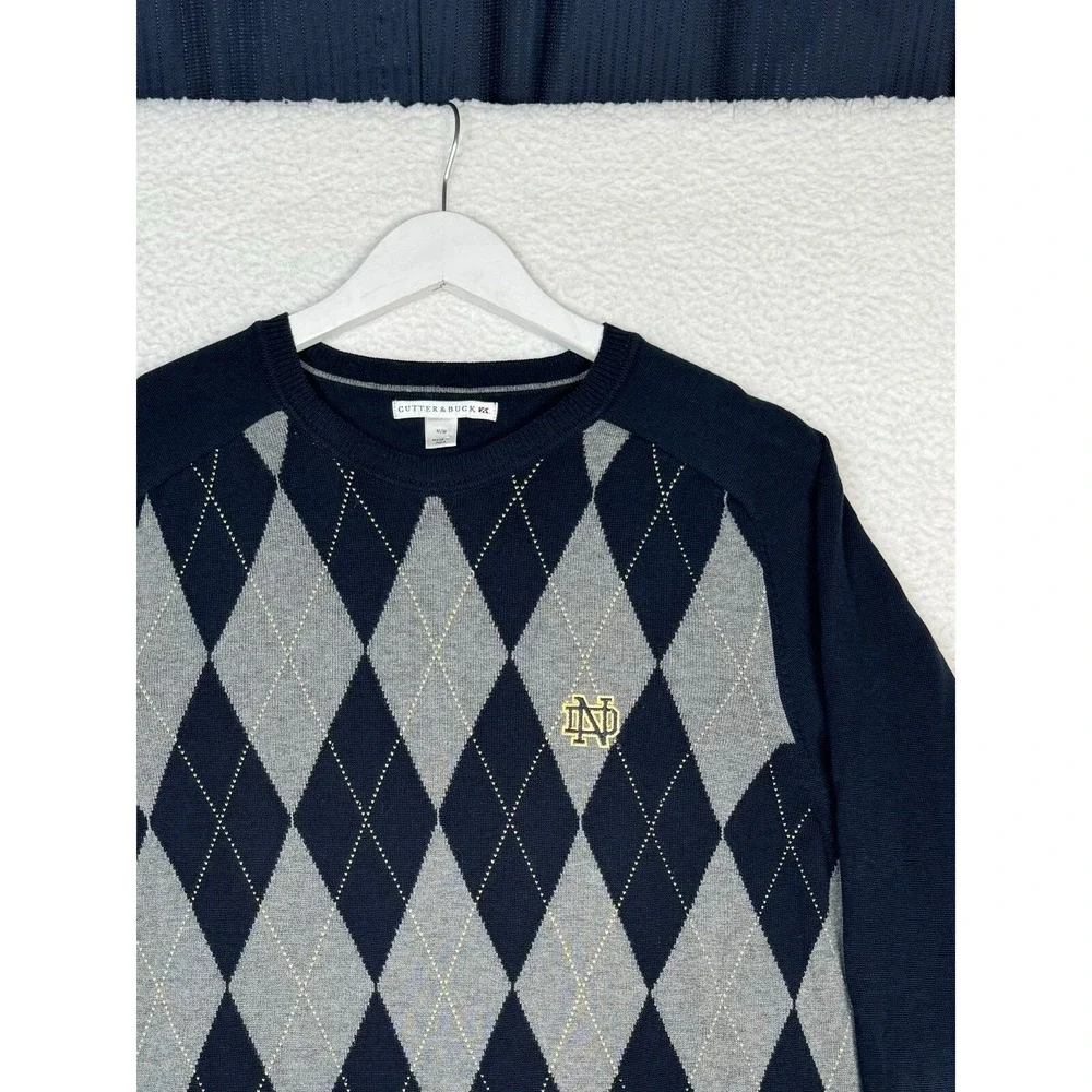 Notre Dame Fighting Irish Sweater Mens Medium Navy Argyle Cutter & Buck Crewneck